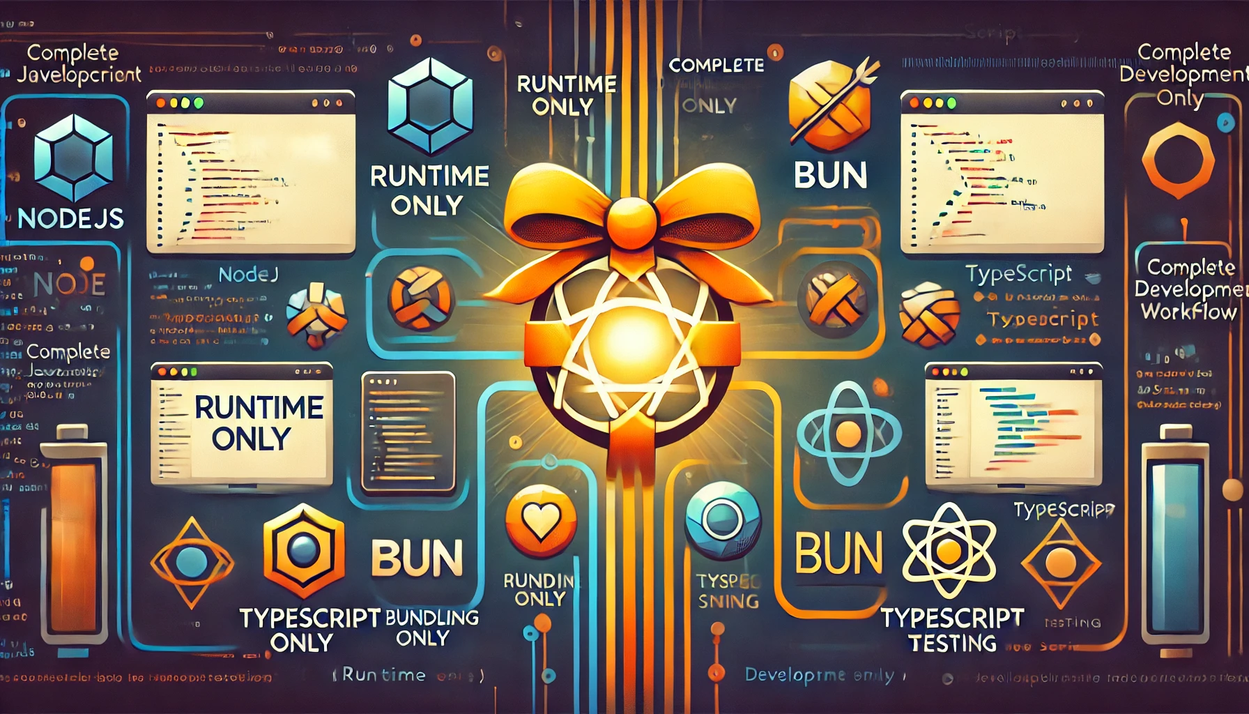 Hero image showing NodeJS and Bun as two complementary paths in JavaScript development, with NodeJS labeled 'runtime only' and Bun illustrated as a complete development workflow including bundling, TypeScript support, and testing tools.