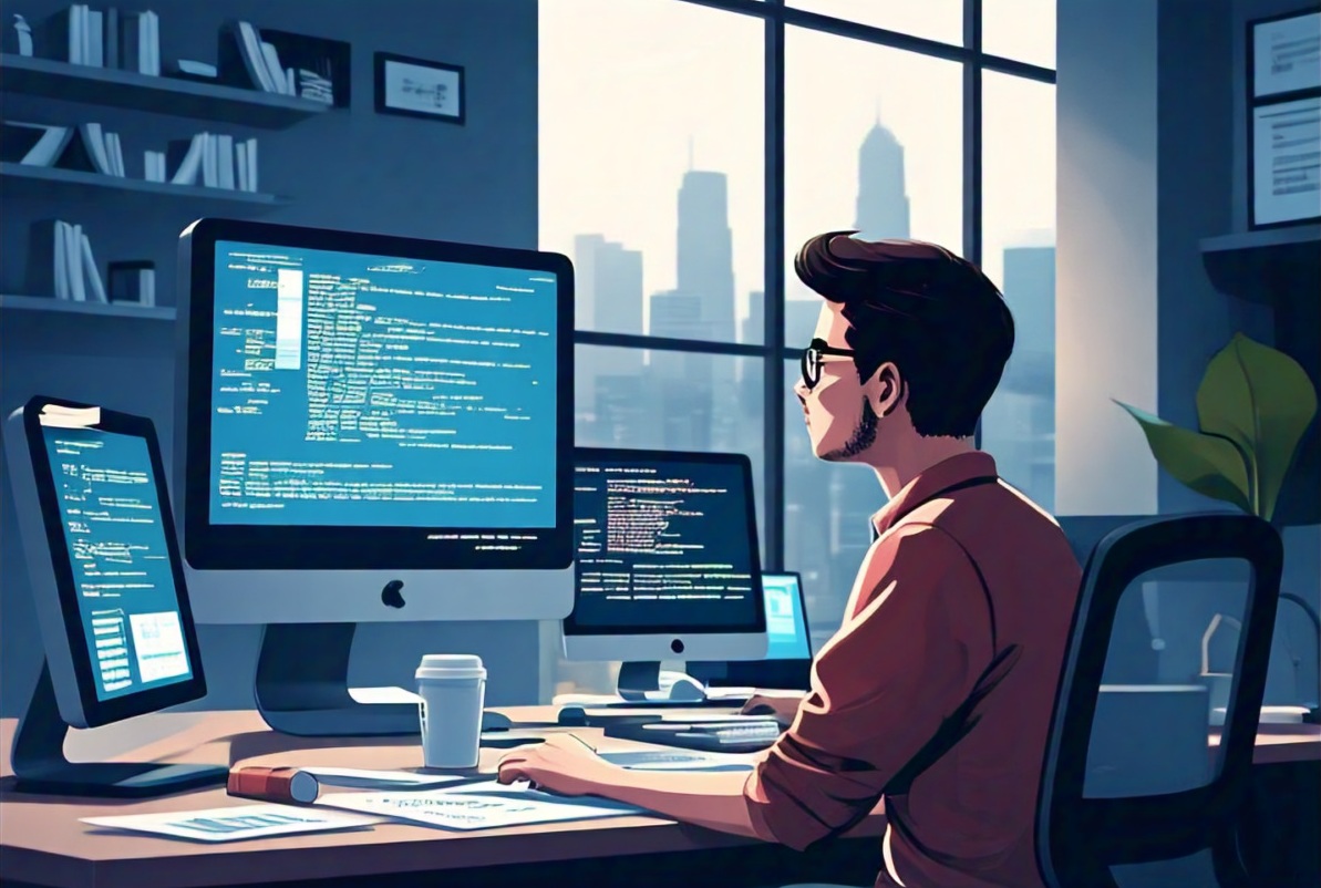 Hero image showing a tipical developer facing multiple monitors in a cozy office.