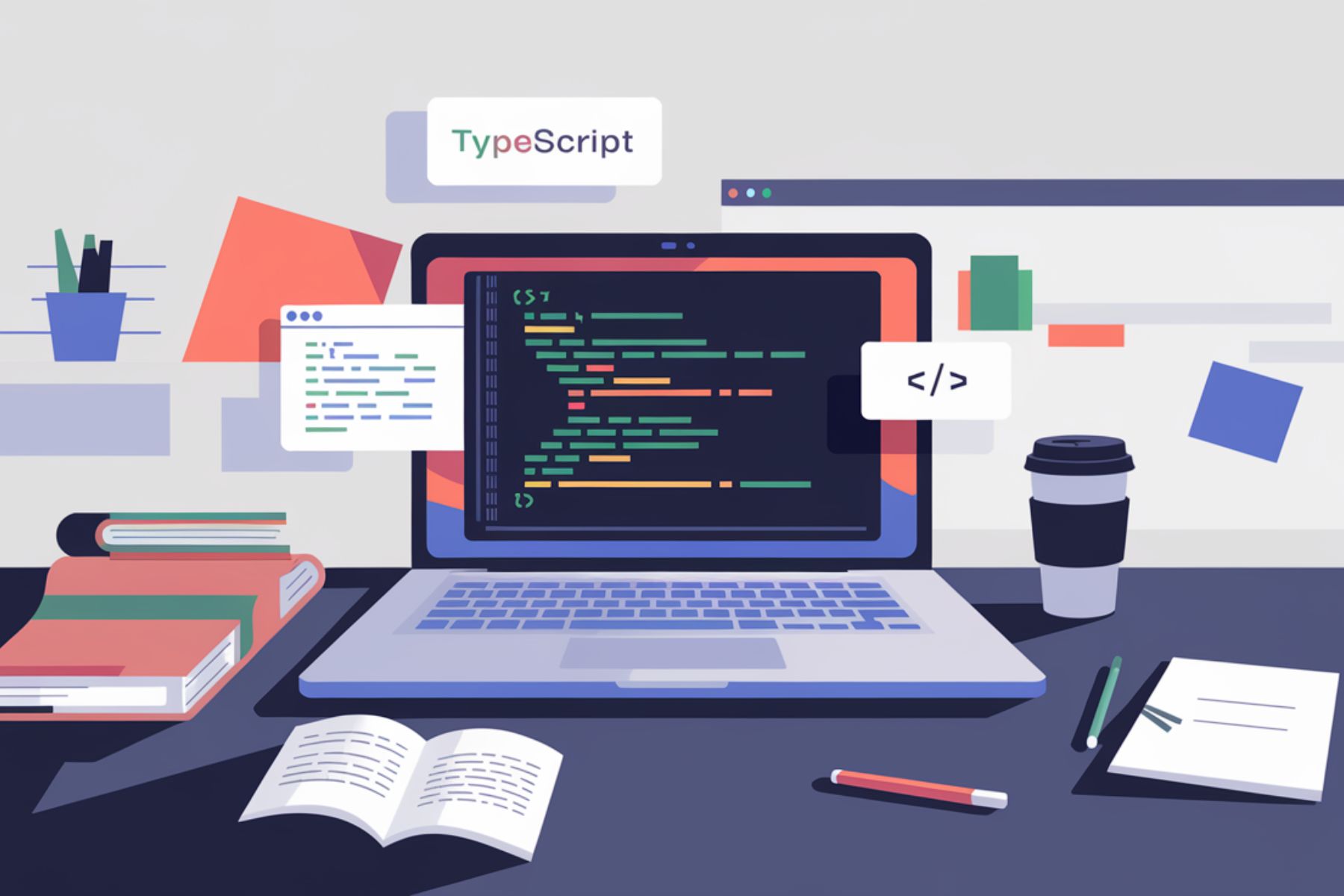 Illustration of a programming workspace featuring a laptop with TypeScript code on the screen, surrounded by books, a coffee cup, pens, and sticky notes, representing a developer's organized and creative environment.